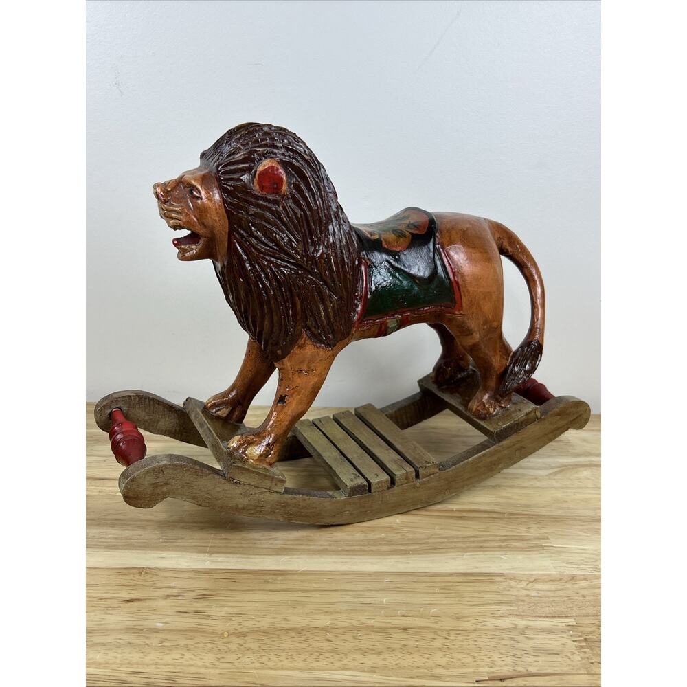Vintage Hand Carved Folk Art Wooden Rocking Lion 13”x 10” Hand Painted